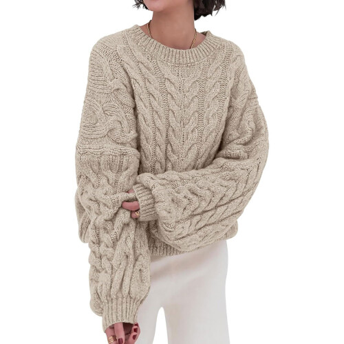 Women's chunky knit soft loose round neck pullover-Light card L