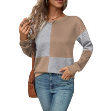 Women's Loose-fitting Long-sleeved Color Block Textured-Khaki M