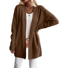 Women's Long Knitted Solid Color Cardigan-dark brown S