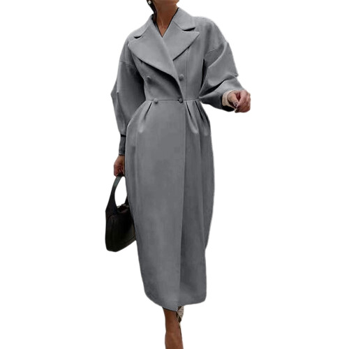 Women's double-breasted long pea coat with lapel,-Gray M 2