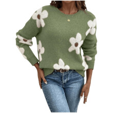 Women's Floral Pattern Round Neck Long Sleeve Casual-Green XL