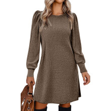 Women's Knit Dress with Puff Sleeves for Fall & Winter-Khaki XL