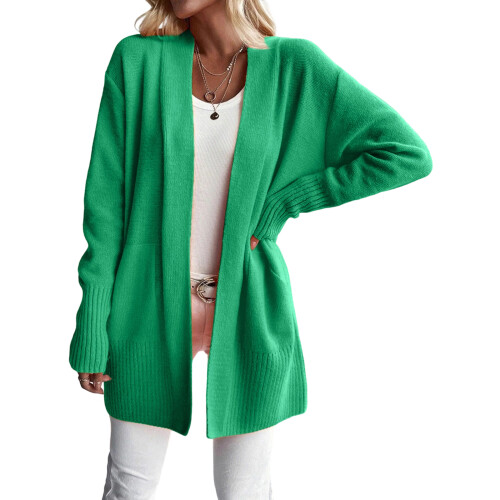 Women's Long Knitted Solid Color Cardigan-Green S