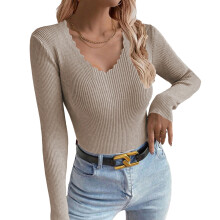 Women's loose long-sleeved V-neck knitwear-Khaki S
