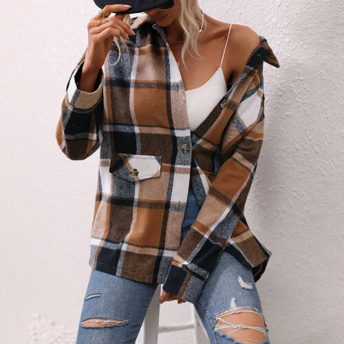 Women's plaid flannel coat-blue XXL 1