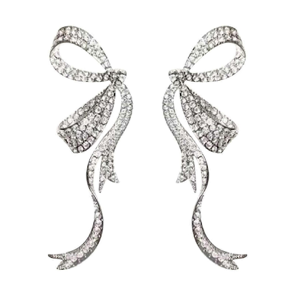 Kikidex (As Show, One Size) Crystal Diamonds Bowknot Ribbon Trend Earrings Niche Design Sense Geometric Earrings Temperament Sweet Ear Jewelry