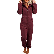 Women's Plush Hooded Bodysuit Plush Pajamas Long-wine red XXXL