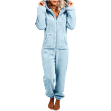Women's Plush Hooded Bodysuit Plush Pajamas Long-Sky Blue XXXXL