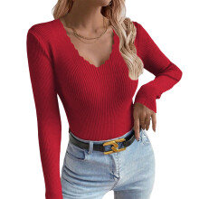 Women's loose long-sleeved V-neck knitwear-Red L