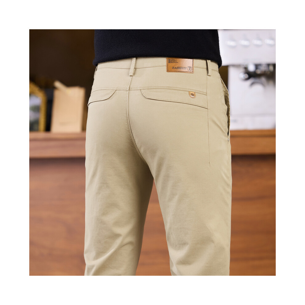 (Khaki, 32) 2025 Winter Men's High-quality Wool Pants, 97% Cotton, Elastic Fleece, Thick, Business Straight Pants, Black and Navy Blue Gray-image-OPC-PMRGVDV-NEW