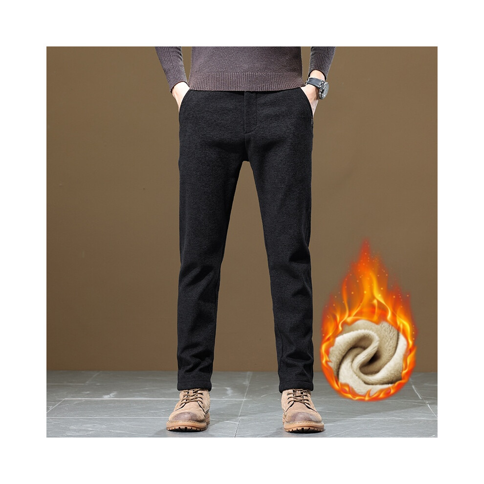 (black, 33) Winter Men's Lined Fleece Warm Casual Pants Comfortable Chenille Wool Thick Business Gray Pants Straight Fit Work Pants-image-OPC-PMRGVTF-NEW