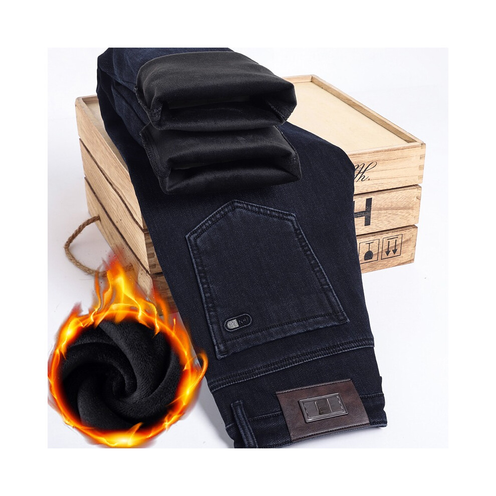 (Blue, 29) Winter Men's Fleece Warm Jeans Fashion Business Casual Thick Wool Denim Trousers Plush Lined Pants-image-OPC-PMRGYBF-NEW