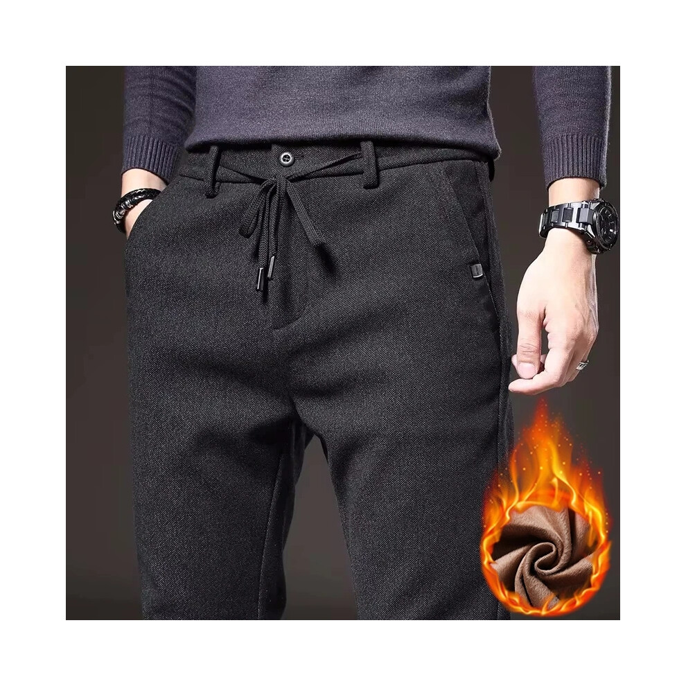 (black, 28) Winter Business Casual Warm Pants Men's Straight Slim Drawstring Design Thickened Fleece Trousers Fashion Korean Male Clothing-image-OPC-PMRGZCF-NEW