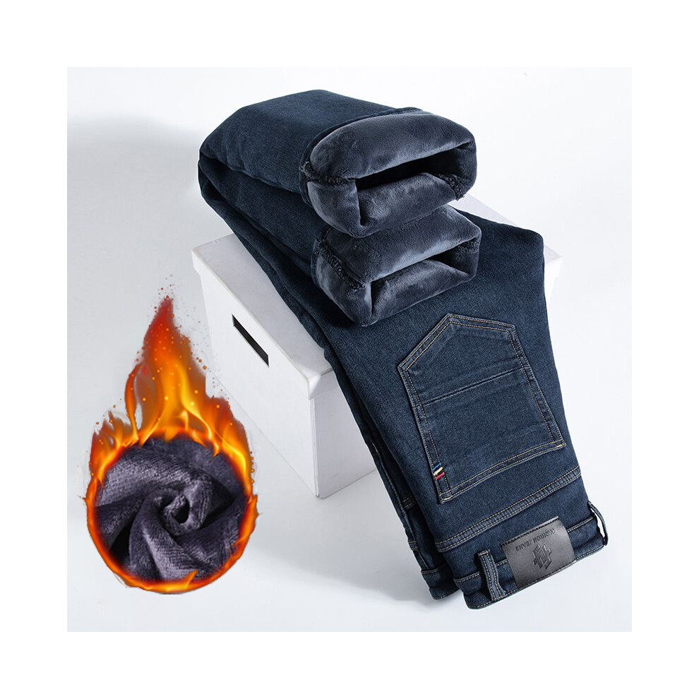 (Blue-Black, 33) Men Autumn Winter Fleece Lined Thickened Jeans Male Fashion Loose Straight Slim Fit Denim Pants Warm Smart Casual Trousers-image-OPC-PMRH2HR-NEW