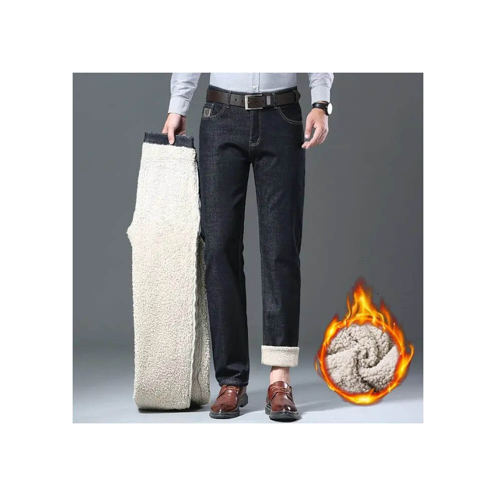 (Black-308 Fleece, 30) Brand Winter Warm Fleece Jeans Men's Thick Thermal Casual Straight Denim Pants Male Business Work Stretch Trousers New Clothing-image-OPC-PMRH2SN-NEW