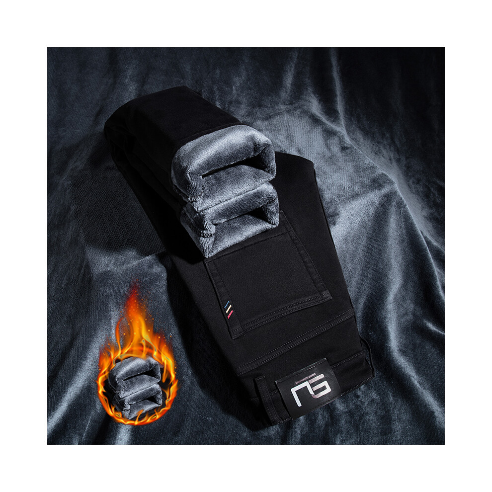 (black, 28) New Winter Men's Fleece Jeans Korean Version Street Velvet Thickened Warm Slim Fit Denim Pants Business Casual Work Brand Pants-image-OPC-PMRH2XM-NEW