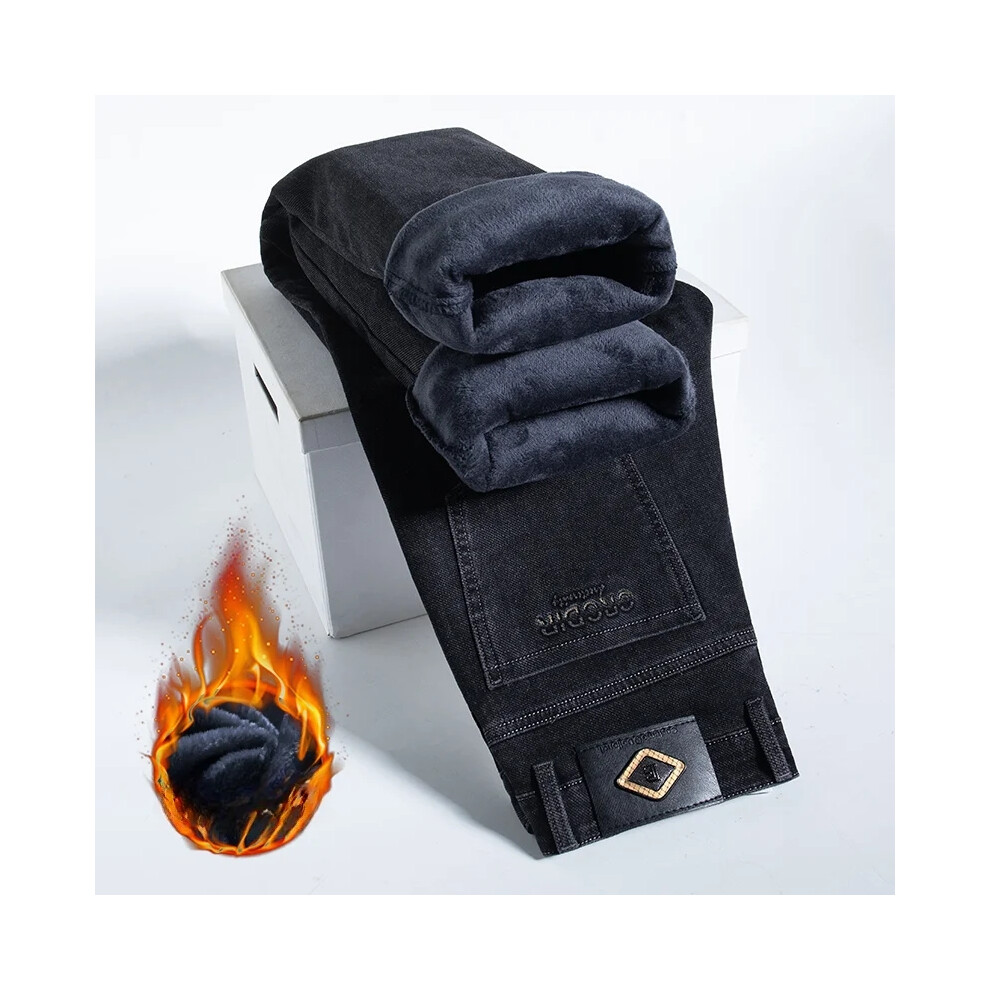 (Black Gray, 40) Winter 2025 Men's Thicken Fleece Jeans Business Pans Denim Pants Loose Straight Stretch Warm Trousers Male Haze Blue Black Gray-image-OPC-PMRH5TD-NEW