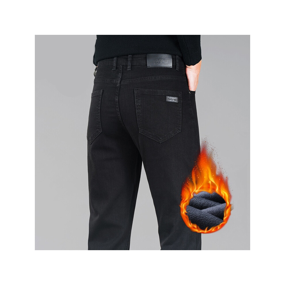 (black, 33) 2024 Winter New Men's Fleece Black Jeans High-end Trendy Brand Loose Straight Casual Versatile Warm Long Pants Smoke Gray-image-OPC-PMRH6CV-NEW