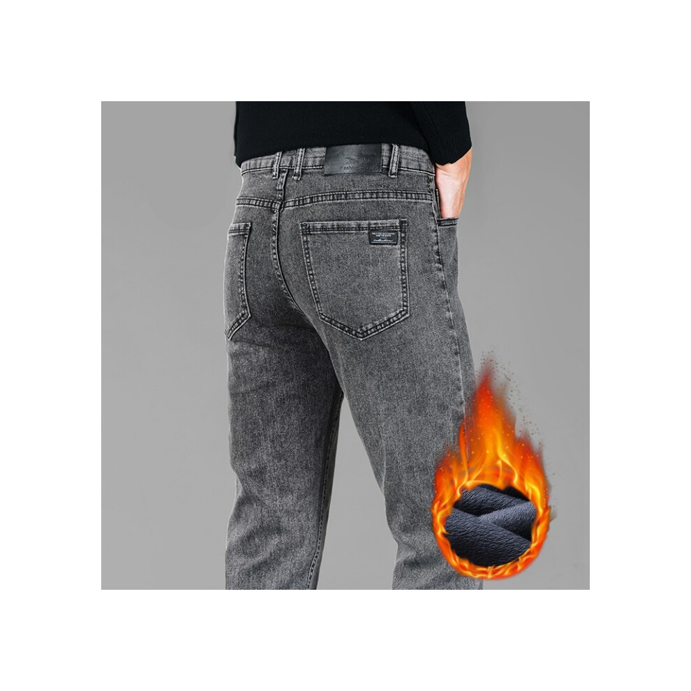 (smoke gray, 30) 2024 Winter New Men's Fleece Black Jeans High-end Trendy Brand Loose Straight Casual Versatile Warm Long Pants Smoke Gray-image-OPC-PMRH6DG-NEW