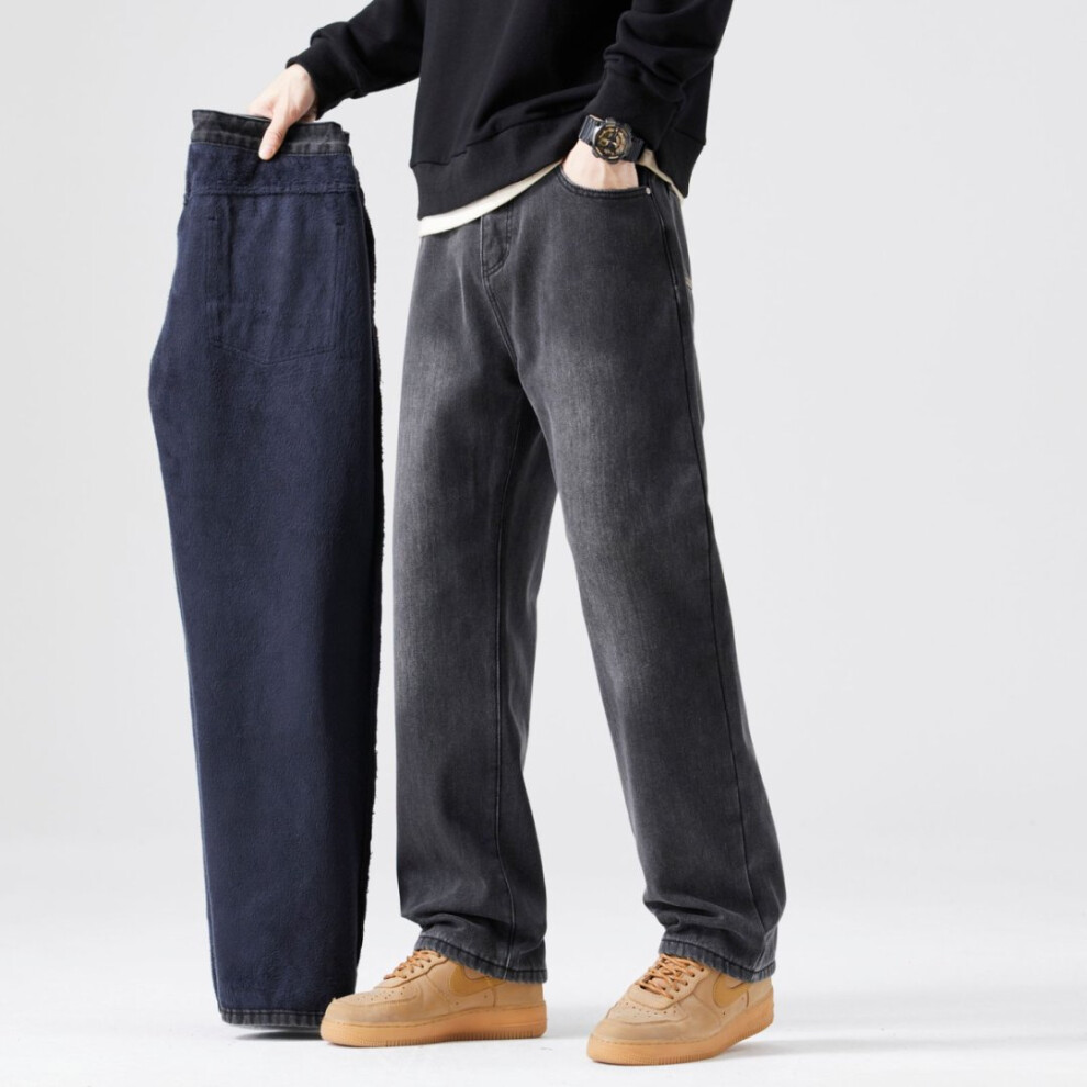 (Black Gray, 34) Winter Men's Fleece Thick Loose Jeans Fashionable Baggy Straight Leg Wool Wide Leg Pants Wool Velvet Casual Pants Y2k-image-OPC-PMRH7D7-NEW
