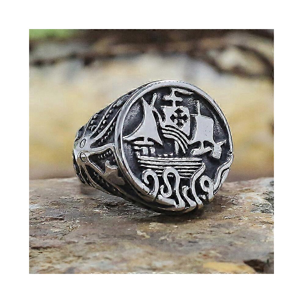 Kikidex (10, One Size) Vintage Gothic Mens Stainless Steel Viking Rings Unique Octopus Tentacle Pirate Ship Ring Norse Amulet Jewelry Size 7-15
