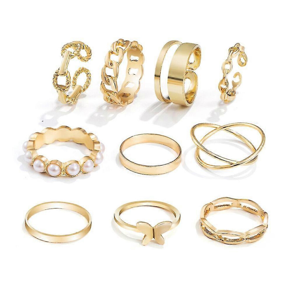 Kikidex (As Show, One Size) 10Pcs Adjustable Ring Set, Ladies Punk Geometric Simple Ring, Butterfly Pearl Ring White