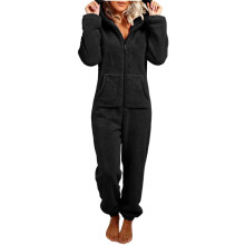 Women's Plush Hooded Bodysuit Plush Pajamas Long Sleeve-Black L