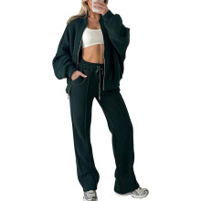 Women Sweatsuits 2 Piece Suit Zipper Sweatshirt-dark green S