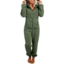 Women's Plush Hooded Bodysuit Plush Pajamas Long-Army Green M