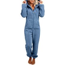 Women's Plush Hooded Bodysuit Plush Pajamas Long Sleeve-Blue L