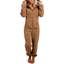 Women's Plush Hooded Bodysuit Plush Pajamas Long-caramel XXXL