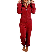 Women's Plush Hooded Bodysuit Plush Pajamas Long Sleeve-Red S