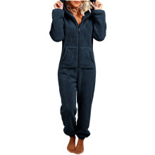 Women's Plush Hooded Bodysuit Plush Pajamas Long-Navy blue S