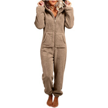 Women's Plush Hooded Bodysuit Plush Pajamas Long-Khaki XXXXL