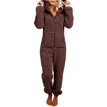 Women's Plush Hooded Bodysuit Plush Pajamas Long Sleeve-brown L