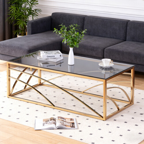 AINPECCA Gold Coffee Table Stainless Steel Tempered Glass