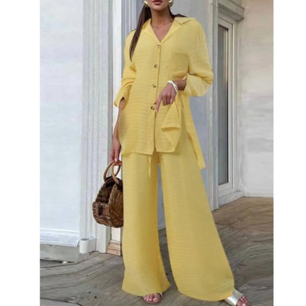 (yellow, L) Women's Casual Relaxed Two-piece Outfits For Spring: Stylish Blouses With Leopard-patterned Wide-leg Trousers-image-OPC-PMRJ9K2-NEW