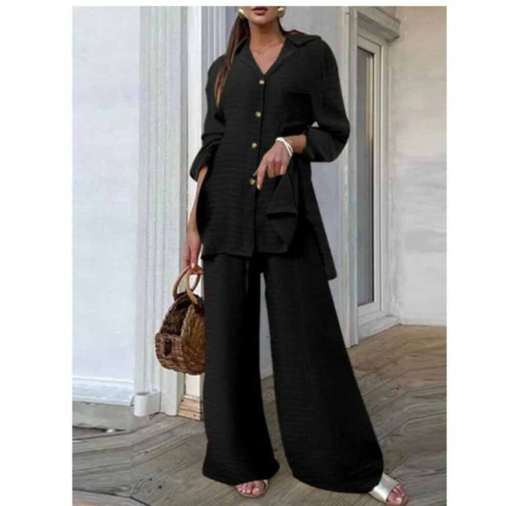 (black, XXL) Women's Casual Relaxed Two-piece Outfits For Spring: Stylish Blouses With Leopard-patterned Wide-leg Trousers-image-OPC-PMRJ9KG-NEW