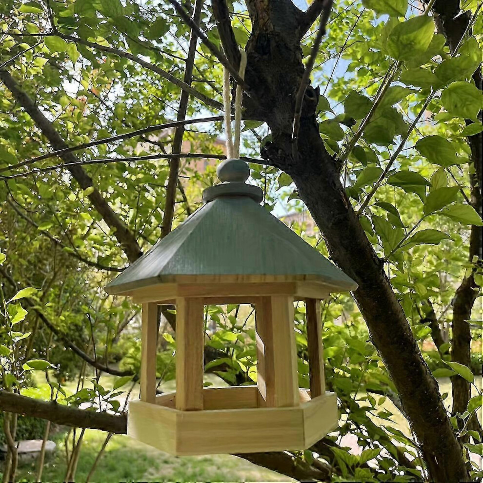 Rustic wooden bird feeder - Attractive shelter for hummingbirds and parrots - Secure storage of birdseed for outdoor garden decoration - Durable hangi