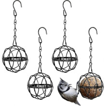 Set of 4 hanging metal bird feeders, bird fat ball holder, indoor and outdoor use, black, 7 cm diameter, food dispenser with 4 S-hooks