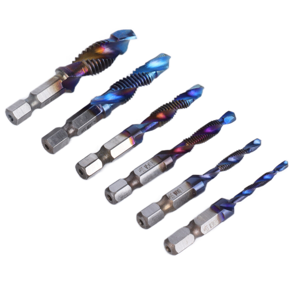 6Pcs Spiral Tap Drill Bit Set M3-M10 High Speed Steel Blue 4691358124119