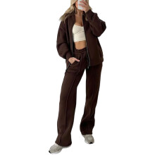 Women Sweatsuits 2 Piece Suit Zipper Sweatshirt-Dark Brown 4XL