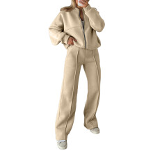 Women Sweatsuits 2 Piece Suit Zipper Sweatshirt and-Apricot M