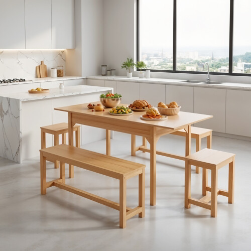 Living And Home 5-Piece Extendable Dining Table Set in Original Wood Color