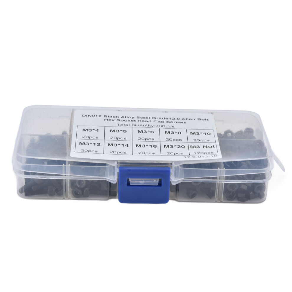 300Pcs M3 Alloy Steel Hex Socket Screws Grade 12.9 4-20Mm Assortment 8481358134319