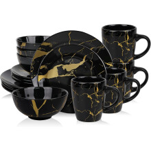 Alivio 16-Piece Premium Porcelain Dinnerware Set Black-Gold Marble Design