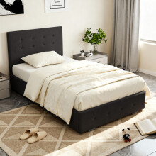 (3ft Single, Black) Reuben Fabric Ottoman Storage Bed with Tanya Mattress