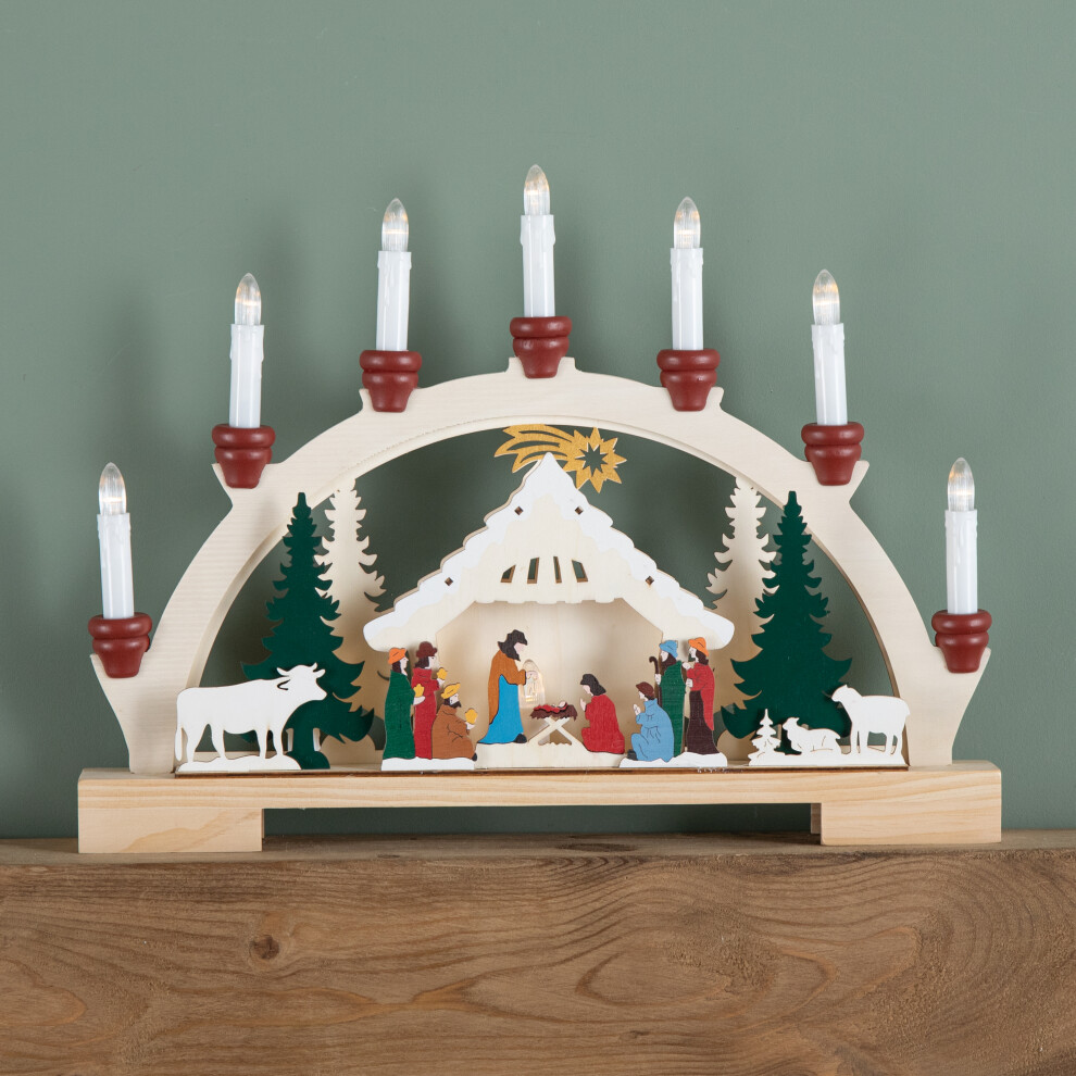 Three Kings 33Cm Battery Operated Wooden Christmas Candle Bridge With Nativity Scene And Leds