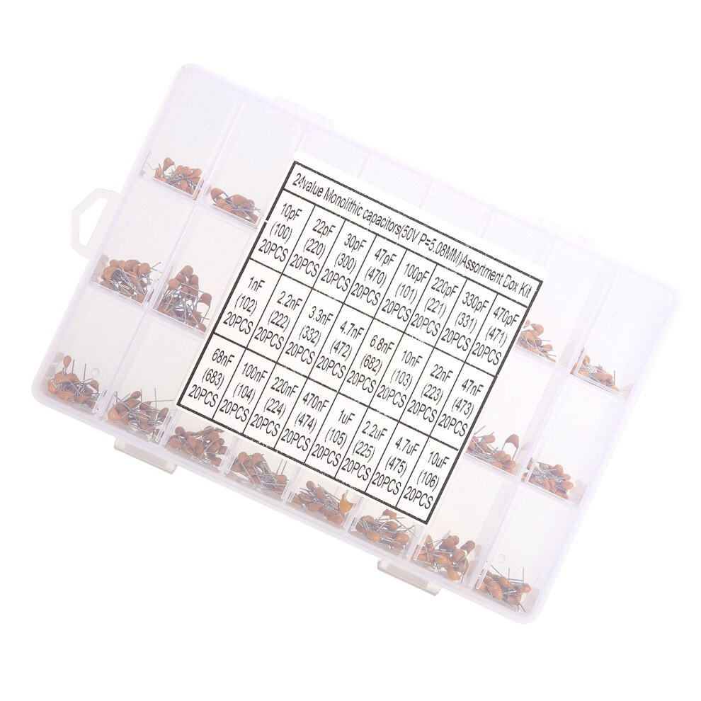 480Pcs Monolithic Ceramic Capacitor Kit 10Pf-10Uf Yellow 24 Variants 8001358265044
