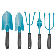 Gardening tool kit: Hand gardening tools with rake, pointed shovel, weeder, and flower shears.